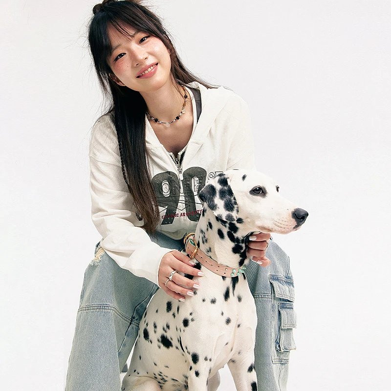 NO ONE ELSE美式复古女士夏季字母帽衫宽松长袖上衣破洞连帽T恤