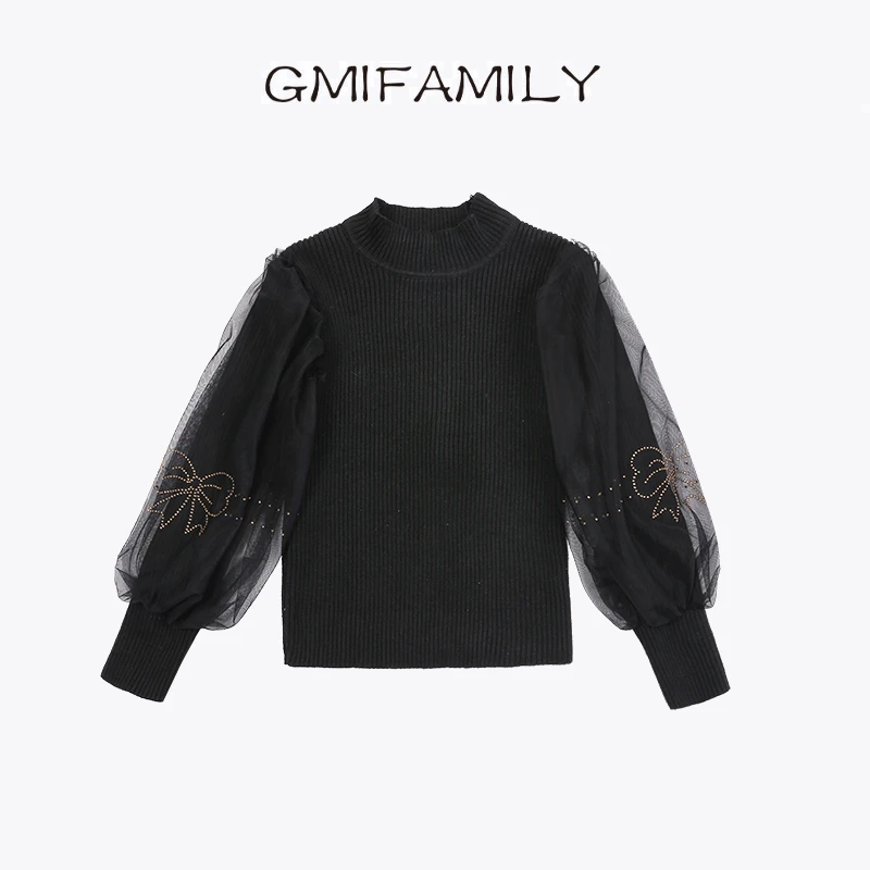 22139原创设计秋冬女童针织网纱拼接针织打底衫儿童上衣
