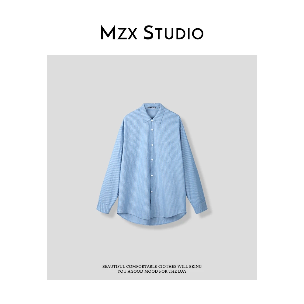 MZX 夏季棉麻蓝白条纹休闲长袖衬衫上衣SY8098-F