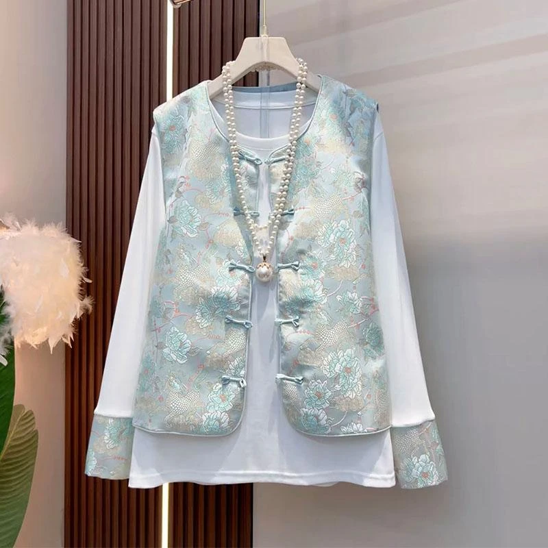 新中式大码女装2025春季款国风韵味提花盘扣马甲打底衫显瘦两件套