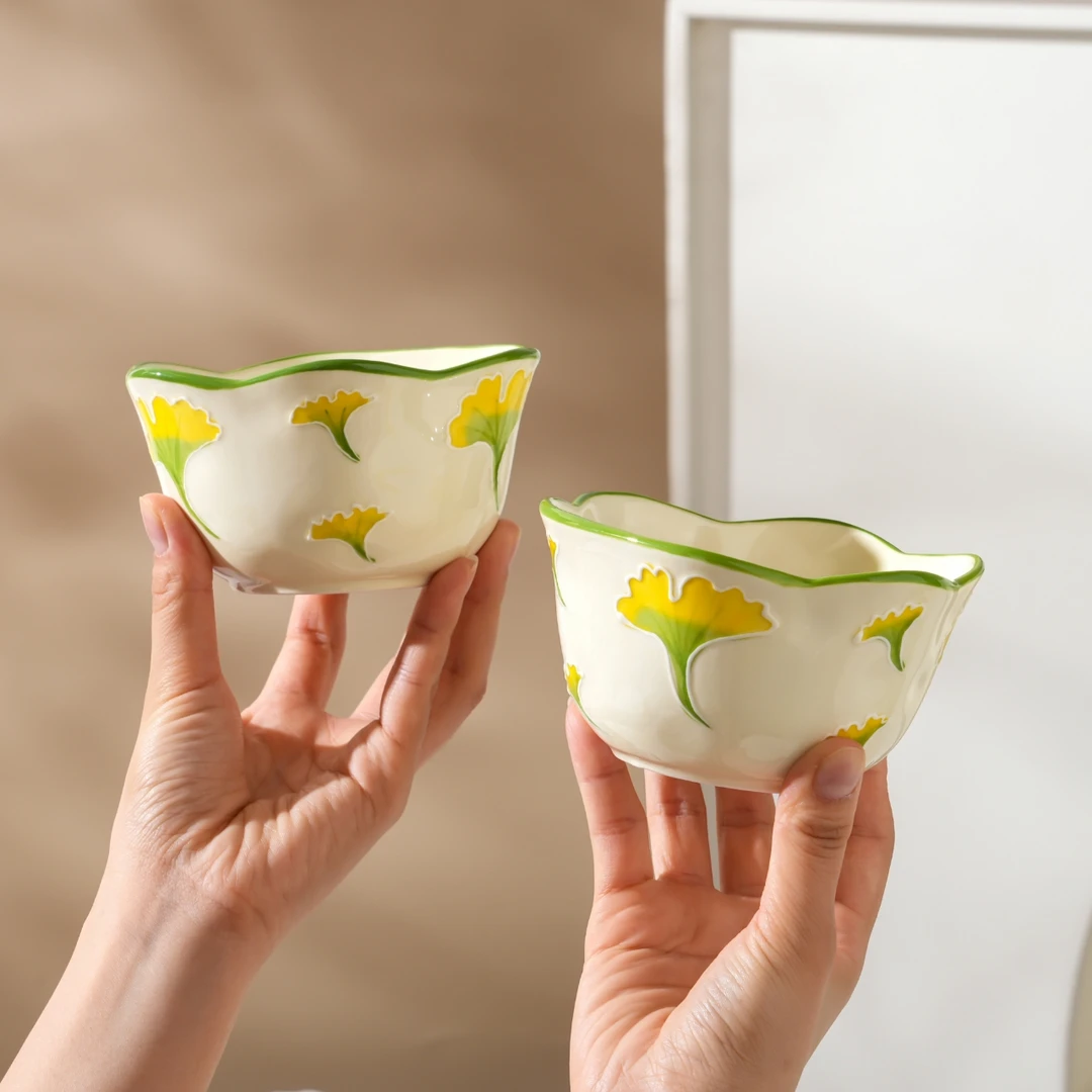 【杏落秋蝶】2碗2勺4.75寸陶瓷高温釉下彩手绘浮雕精致米饭碗早餐碗