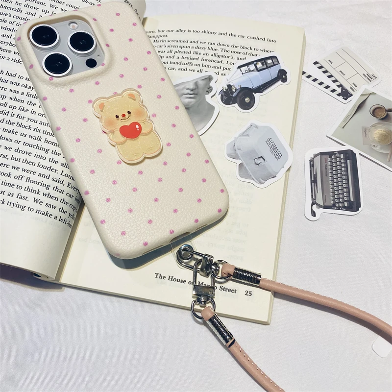波点爱心熊适用iPhone14promax手机壳苹果16pro网红15女13手绳12