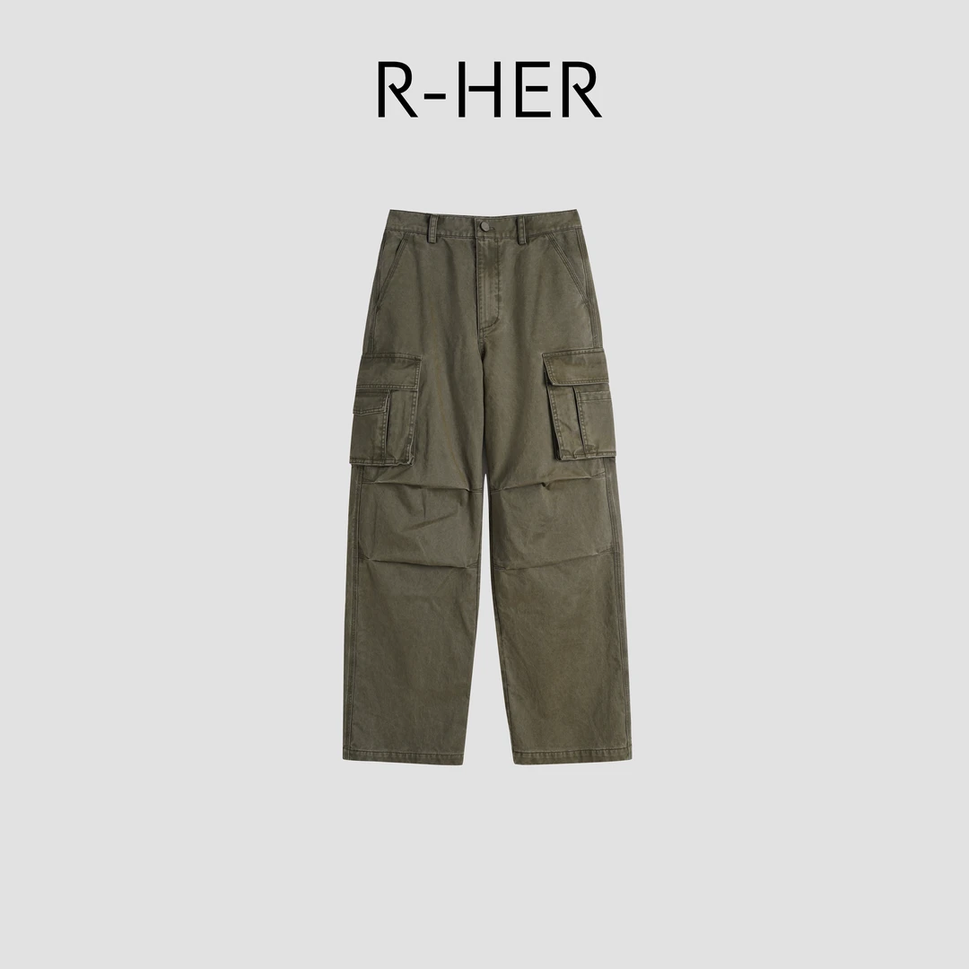R-HER“橄榄旧街”秋冬做旧休闲裤直筒时尚宽松户外工装裤RW5NK2002