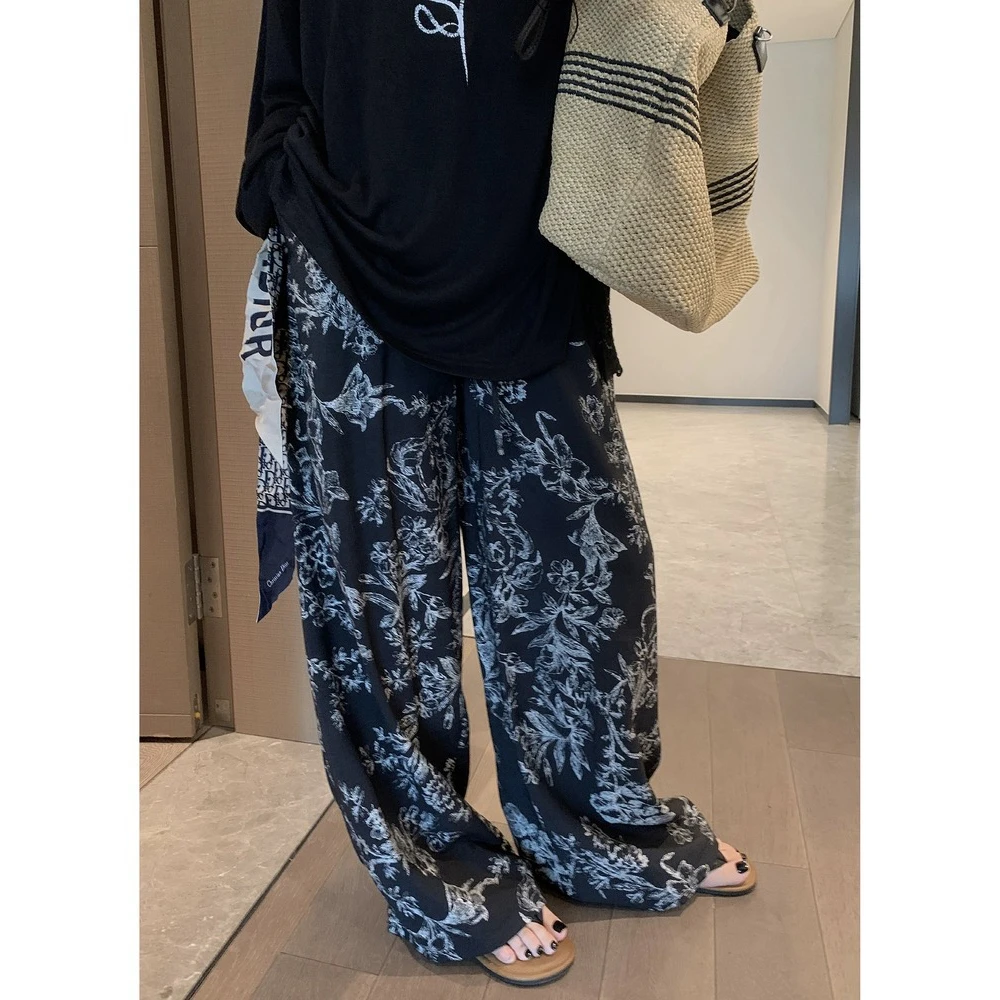 复古花朵印花阔腿裤女夏薄款高腰垂感宽松休闲长裤  60158