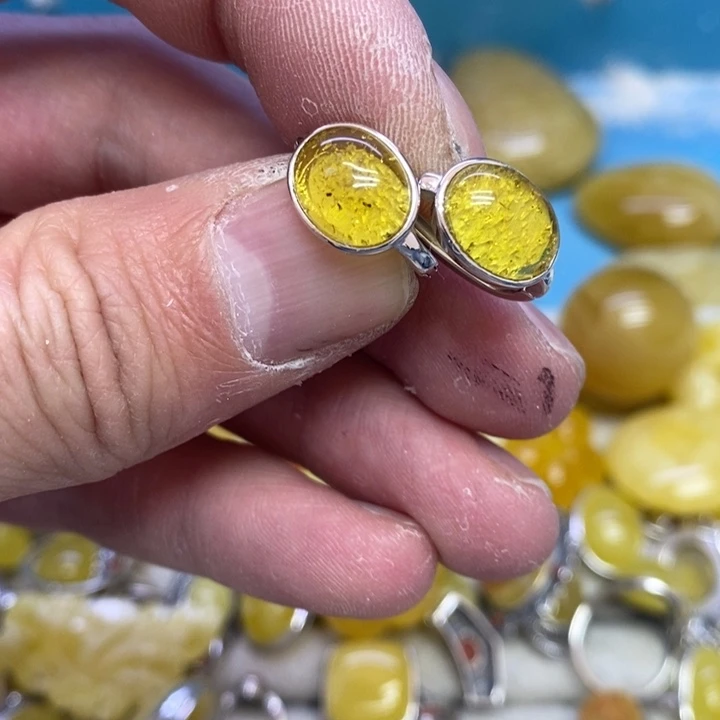 蜜蜡裸石银S925镶嵌耳扣