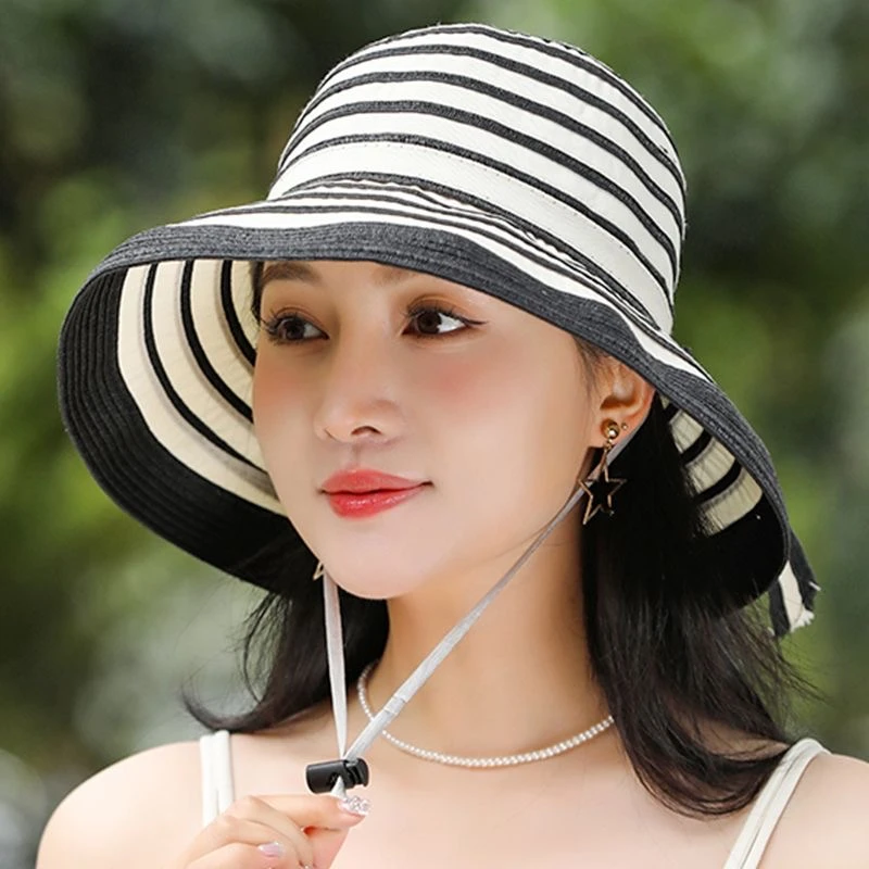 三种戴法可折叠夏季条纹草编大帽檐遮阳防晒帽