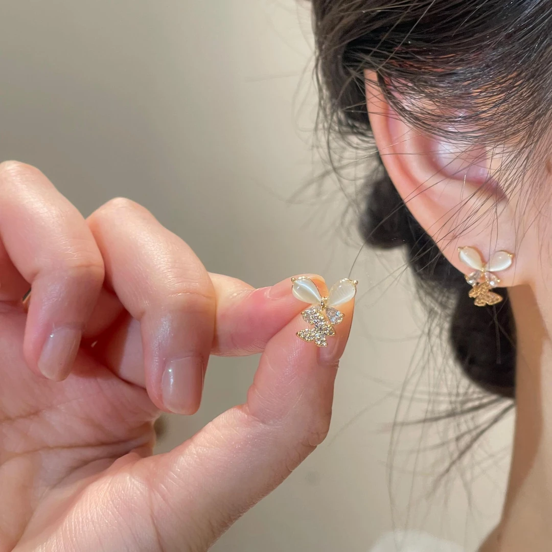 双蝴蝶精致猫猫石时尚耳钉简约百搭气质轻奢耳环R2733