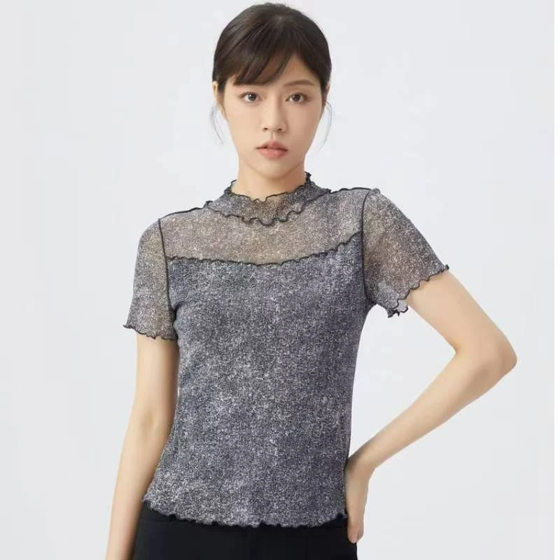 哥弟阿玛施正短袖木耳边洋气纱网针织修身打底衫抗皱拼接T恤休闲