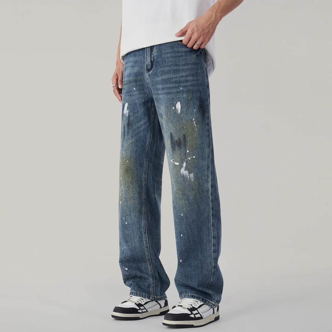 2025秋季新款蓝色泼墨美式高街hiphop裤子牛仔裤男宽松直筒阔腿裤