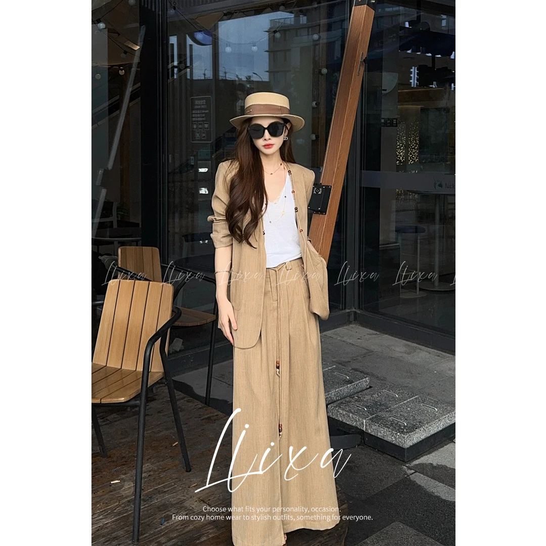 【小榆】Liixu轻盈天然亚麻棉串珠系带V领气质时尚套装X53TZY6008