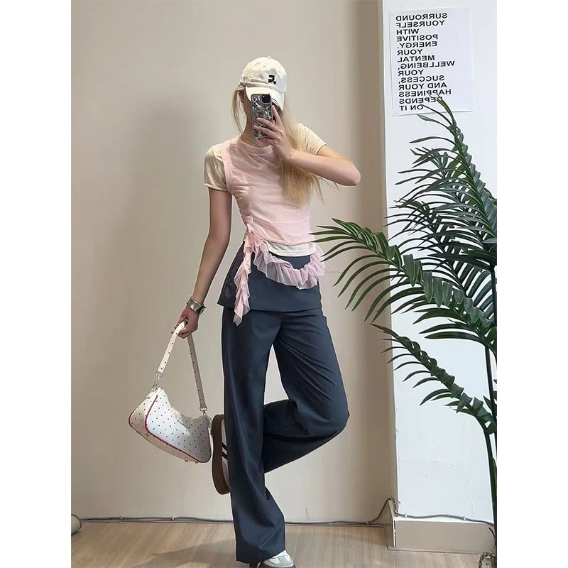 韩系甜辣妹粉色性感短款上衣夏季新款高级感名媛气质显瘦百搭长裤