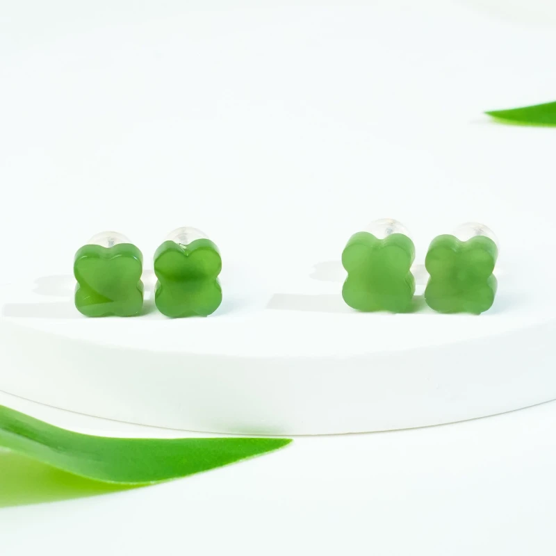 春序｜18k金和田玉幸运草耳钉 冰润滴翠（多样性发其一）#H139