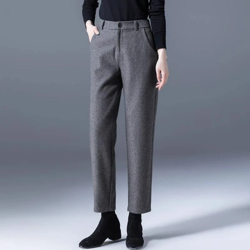 休闲毛呢裤子秋冬女士裤子新款加厚显瘦高腰九分直筒烟管哈伦女裤