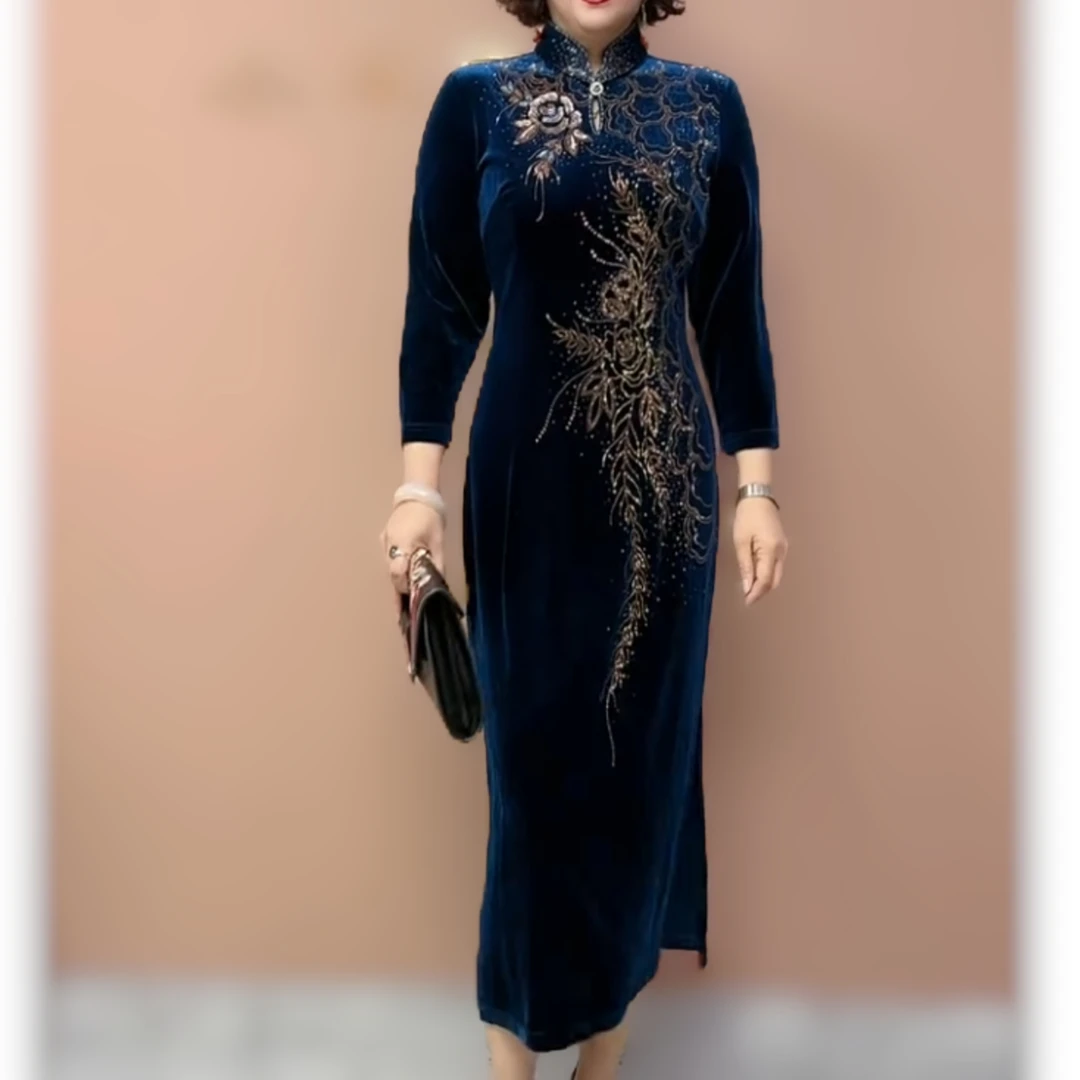 高端改良结婚宴礼服中年妈妈金丝绒旗袍中长款气质大码喜婆婆礼服