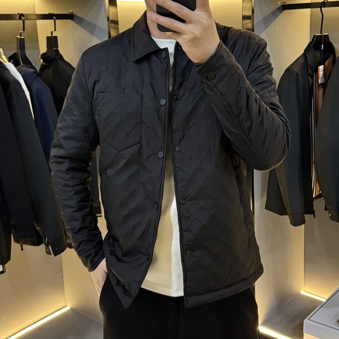 25313秋冬加棉加厚男士休闲百搭纯色商务简约菱格棉服外套