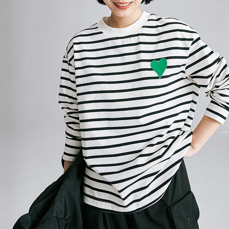 CLOUDSPACE/云上生活条纹爱心纯棉长袖T恤女春秋圆领时尚韩版上衣
