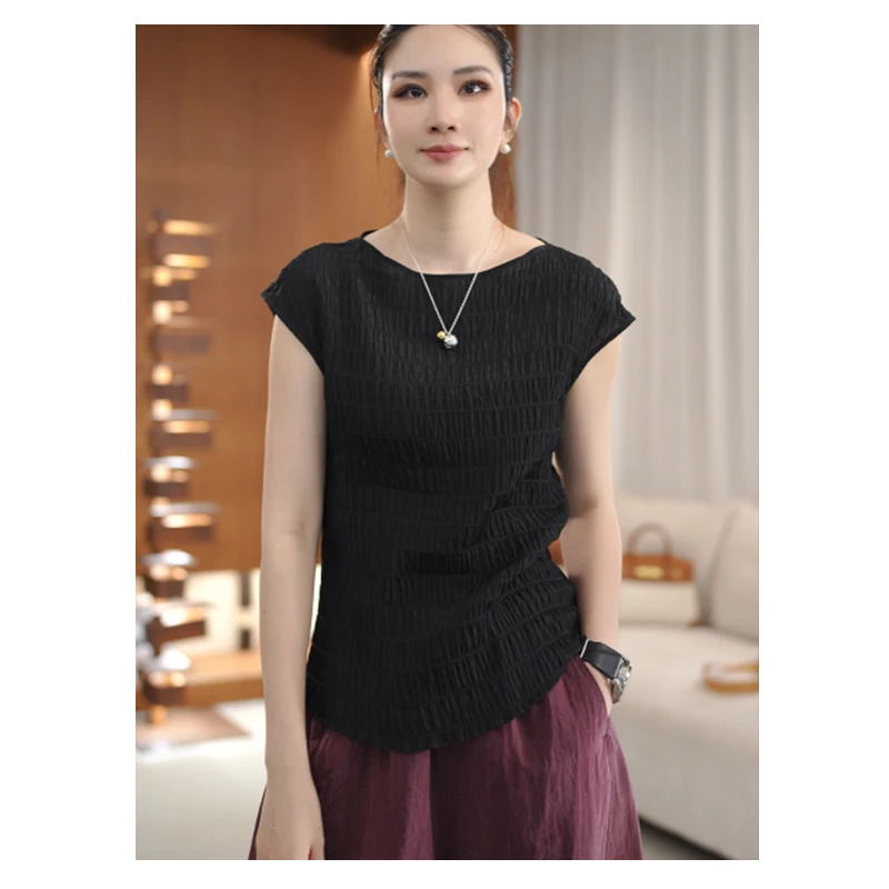 【夏季穿搭】时尚设计感褶皱黑色宽松纯色圆领休闲T恤上衣D25272