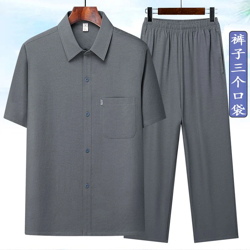 夏季薄款男士短袖衬衫中老年休闲套装男爷爷宽松衬衣爸爸夏装衣服