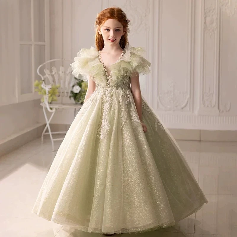 【青缇齐地款】长款女童青色夏季生日走秀花童宴会洋气轻奢蓬蓬纱