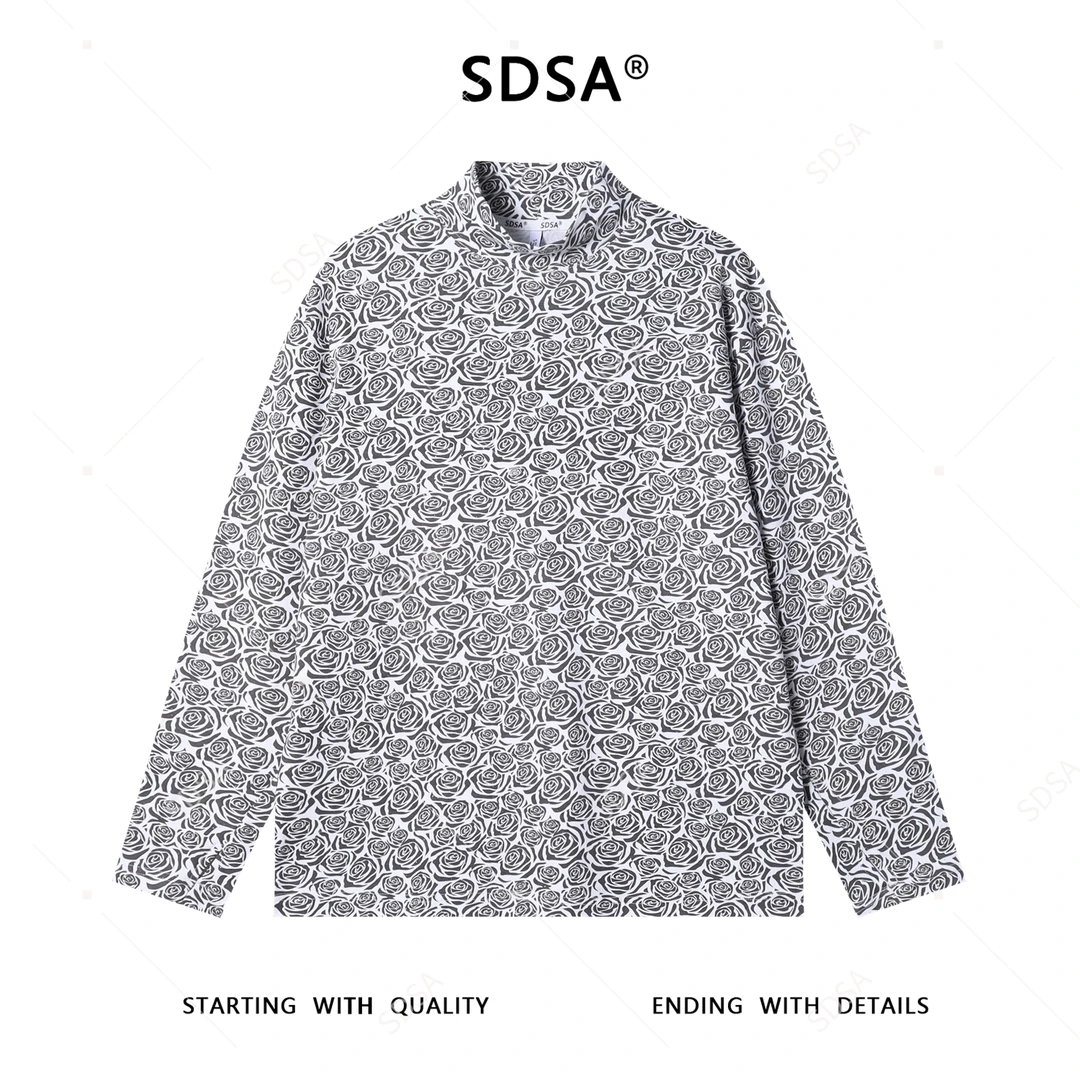 SDSA男士秋冬新款痞帅男装潮牌满天星玫瑰图案设计半高领长袖T恤