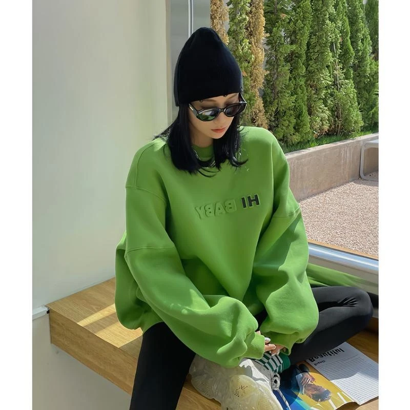 新款宽松百搭休闲韩版时尚秋冬加绒圆领显瘦打底卫衣外套女绿色潮