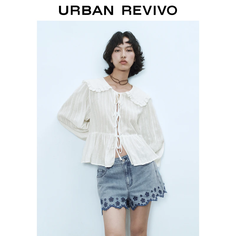 UR2025春季新款女装欧若风镂空多系带长袖开襟衬衫UYL250021