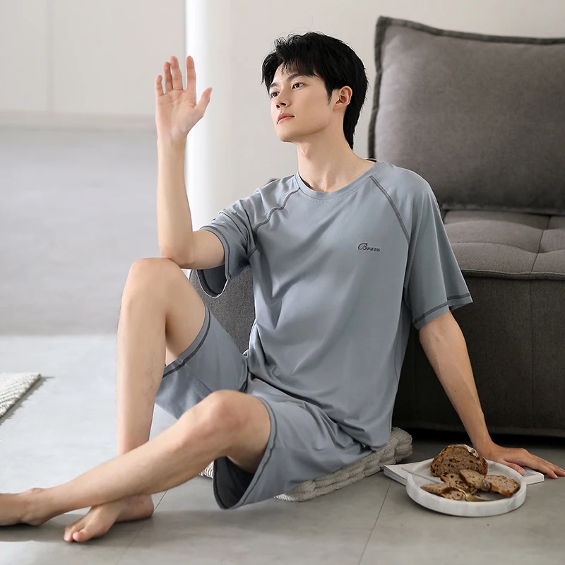 2025男士可外出家居服夏季新款条纹高档睡衣可外穿短袖短裤套装