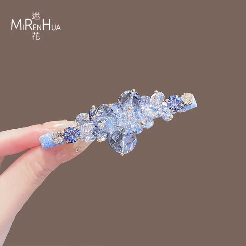 蓝色水晶鸭嘴夹侧边发夹女2025新款碎发刘海夹子高级感一字夹发饰
