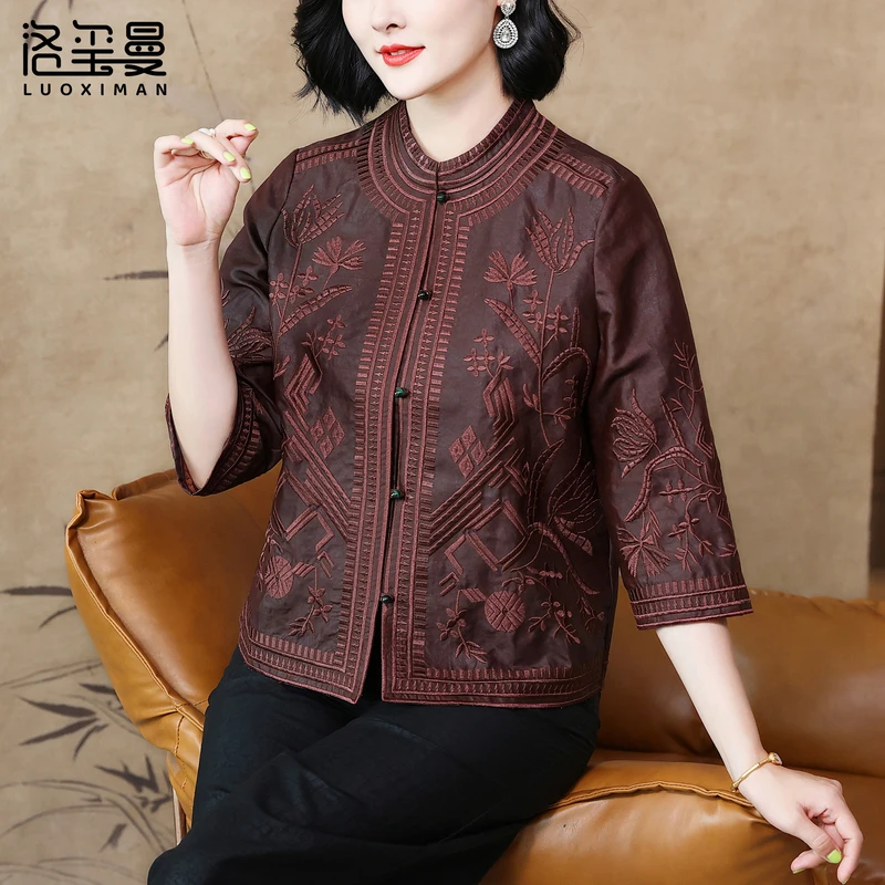 洛玺曼真丝桑蚕丝秋季外套女高级感中老年女装国风妈妈香云纱上衣