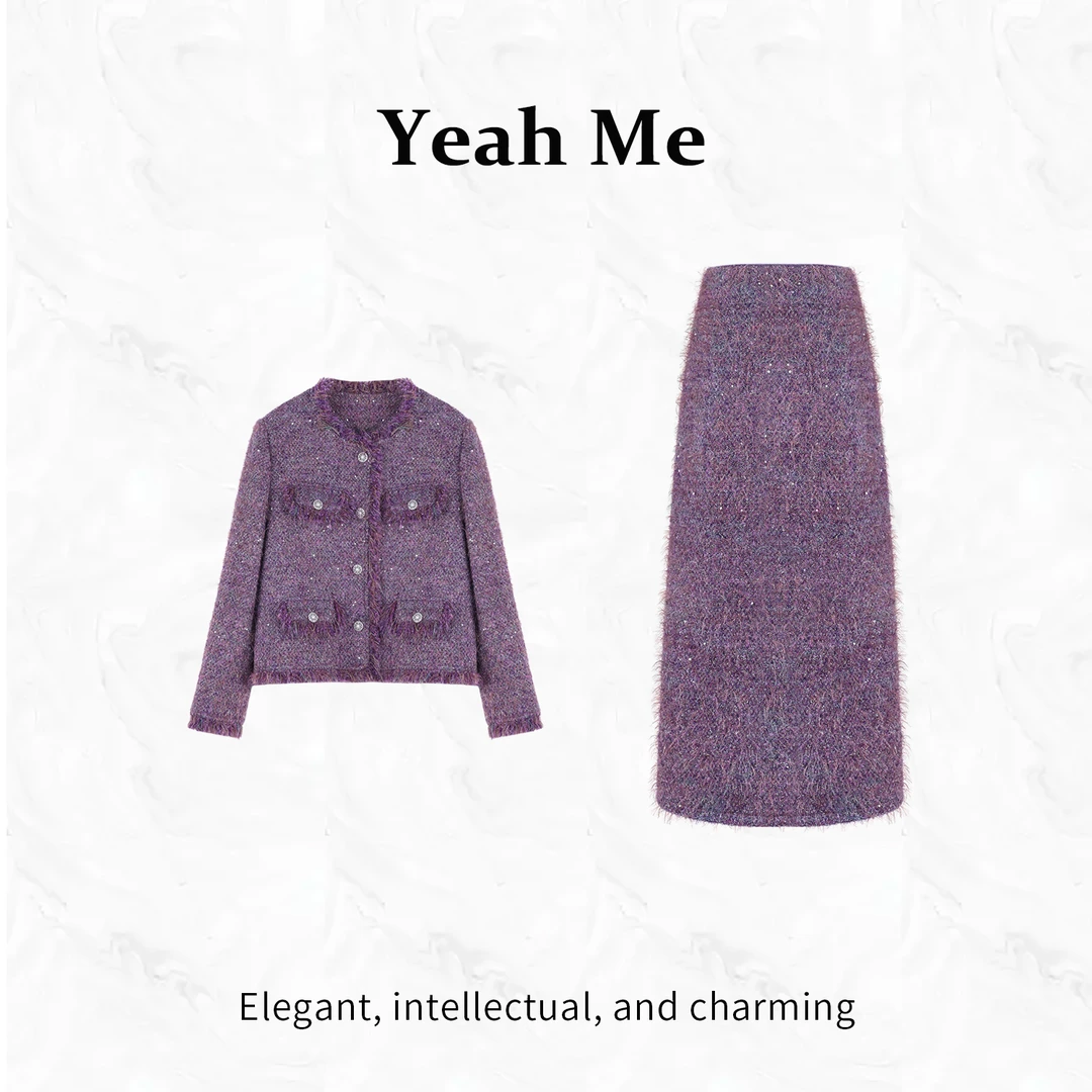 Yeah Me/也觅【紫烟似梦】冬季新款紫色温柔气质百搭减龄半身裙套装