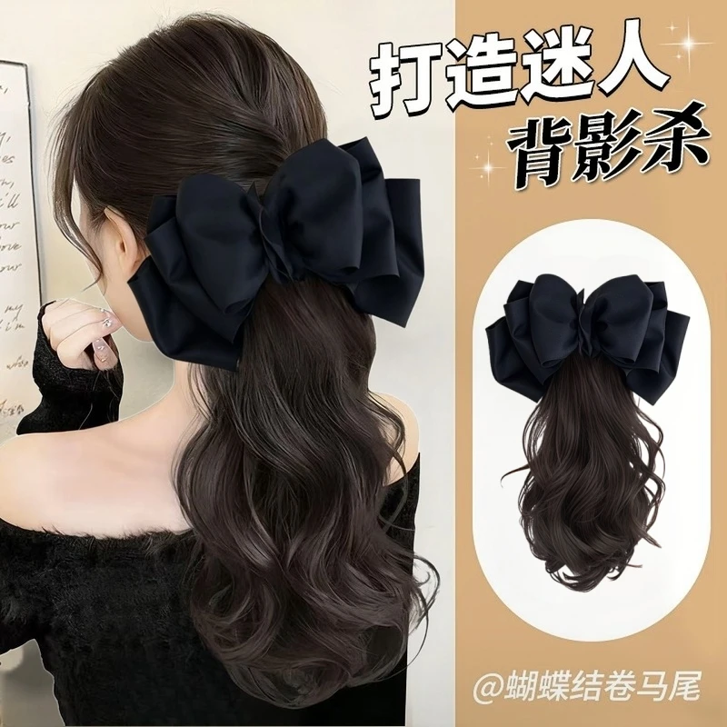 马尾假发抓夹女秋冬网红低马尾仿真发自然后脑勺蝴蝶结半扎高马尾