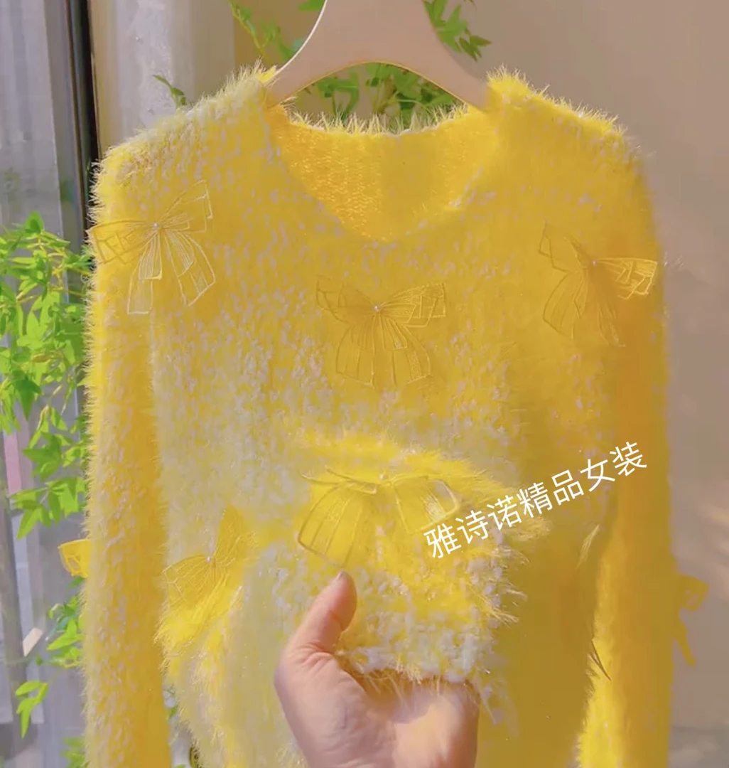 秋冬新款立体蝴蝶结仿水貂短款毛衣上衣温柔2024甜美宽松针织衫