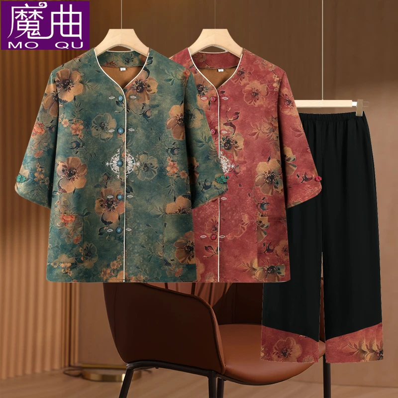 奶奶夏装套装宽松老年人开衫女老太太七分袖衬衫80岁妈妈夏季上衣
