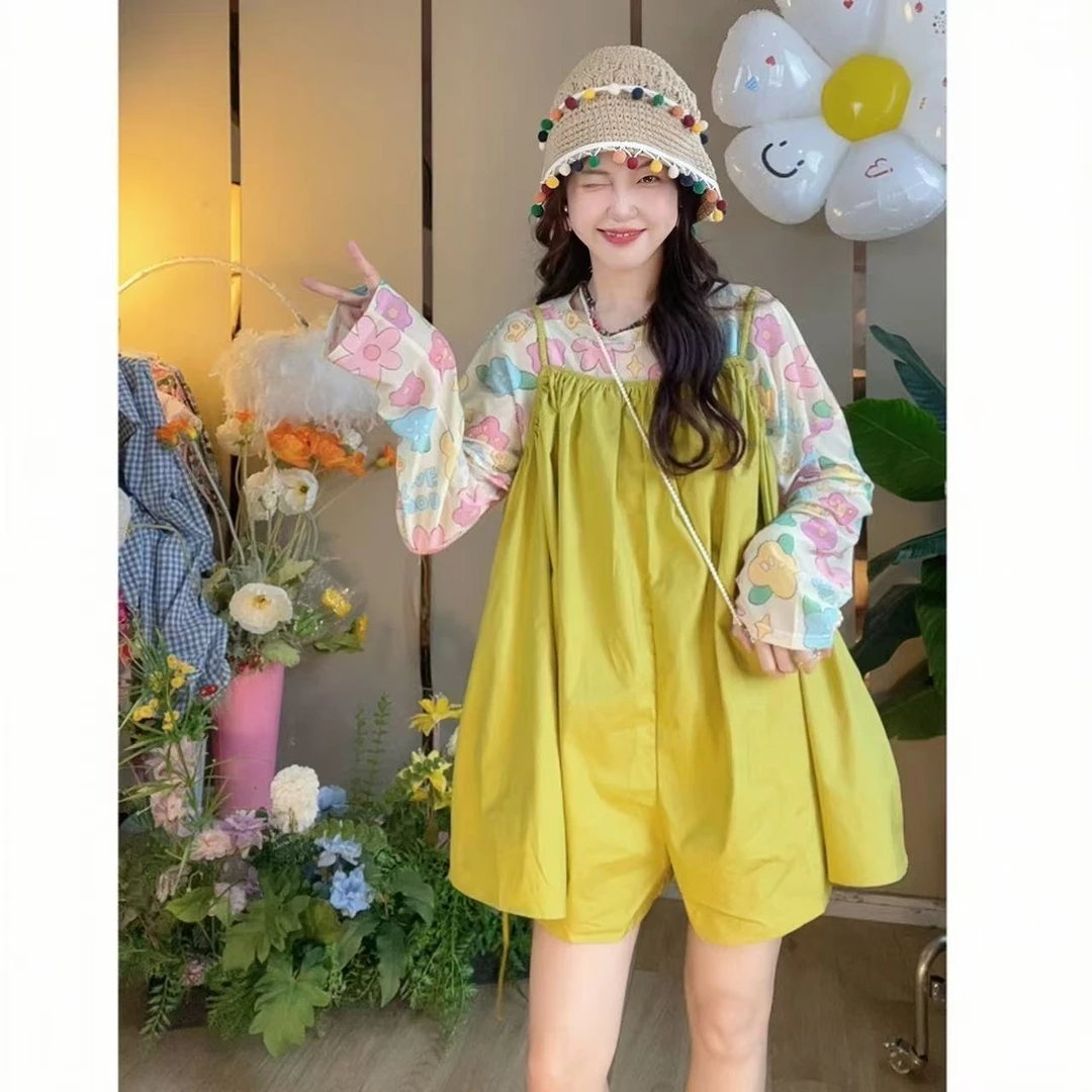 燃冉【青柠夏日】韩版甜美设计感夏季宽松背带裤休闲时尚连体裤裙裤