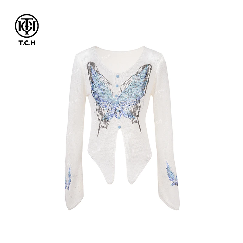 TCH轻奢烫钻工艺蝴蝶结时尚宽松款毛针织衫女T75A09E5057私服tch