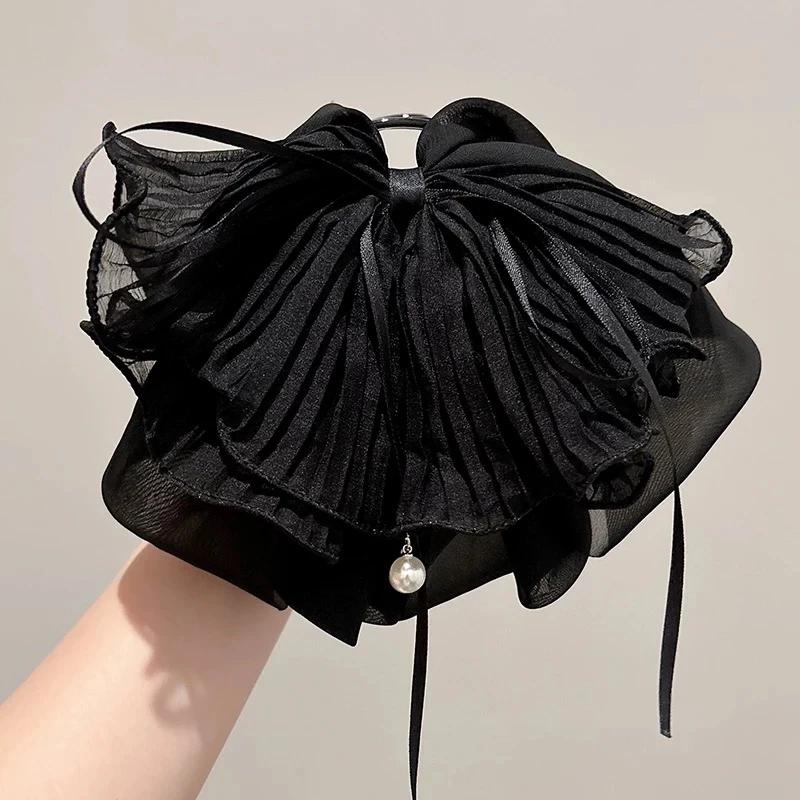 韩版褶皱雪纺网纱大蝴蝶结马尾发夹高端气质抓夹半扎发鲨鱼夹2072