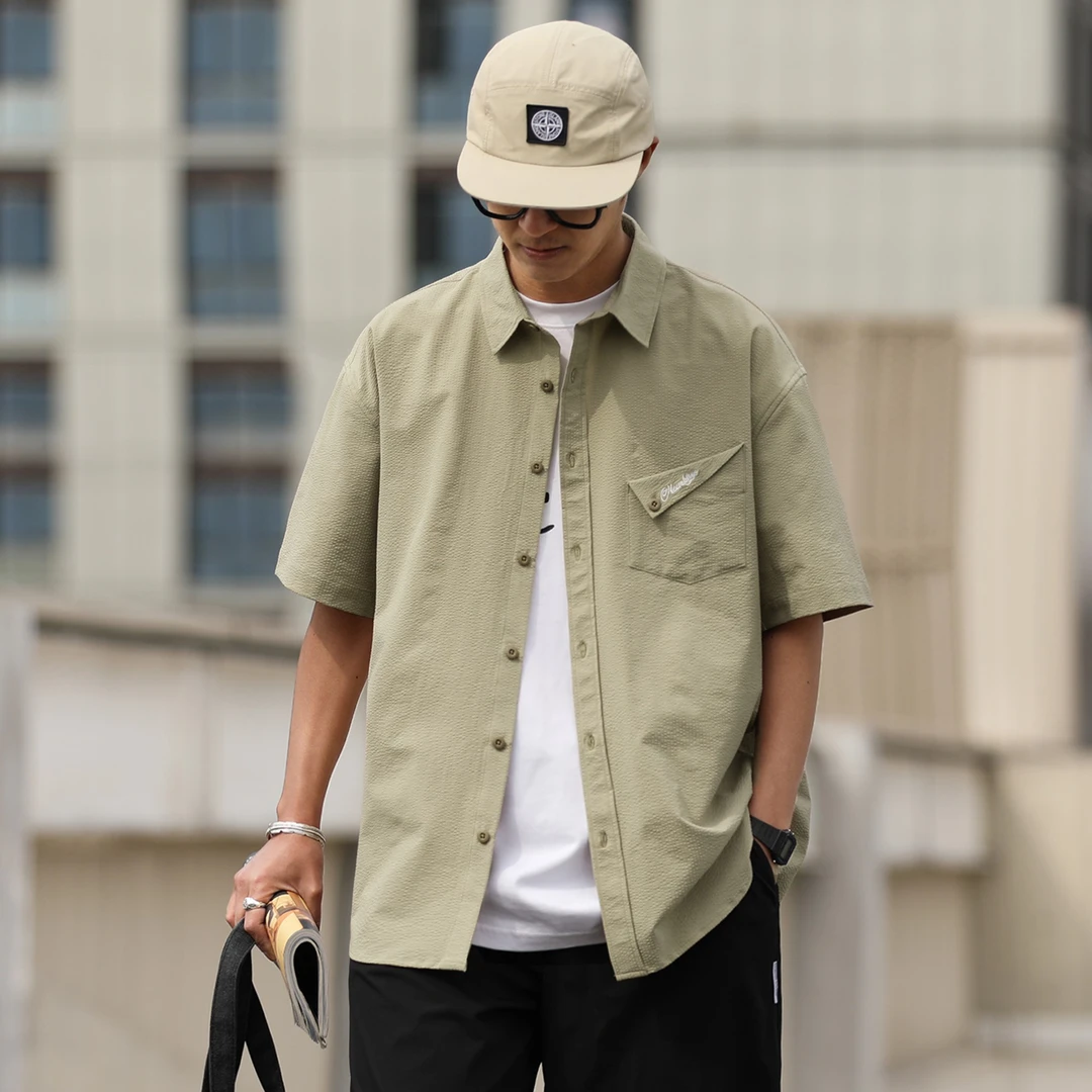 日系复古s夏季泡泡纱肌理短袖衬衫男女宽松休闲口袋刺绣衬衣外套