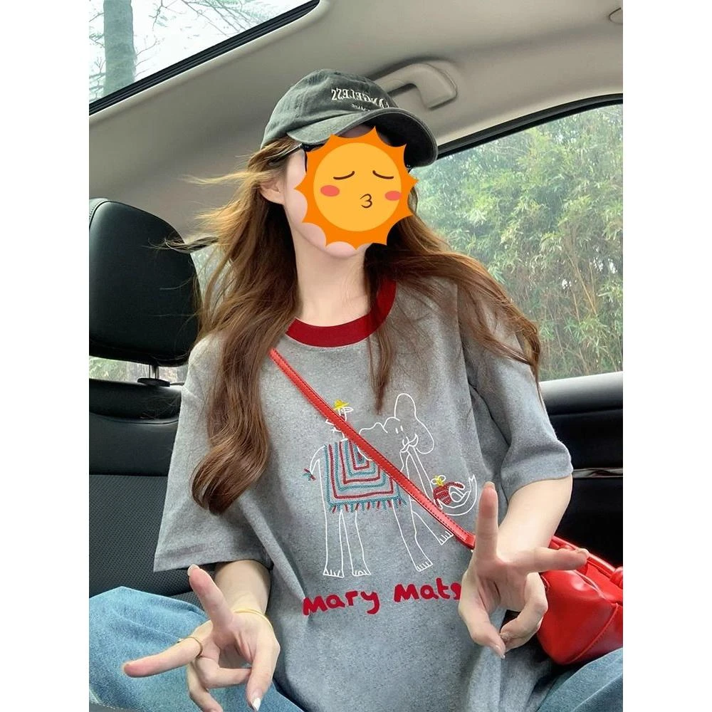 运补特大码韩系减龄大象印花短袖撞色t恤女夏季宽松休闲上衣
