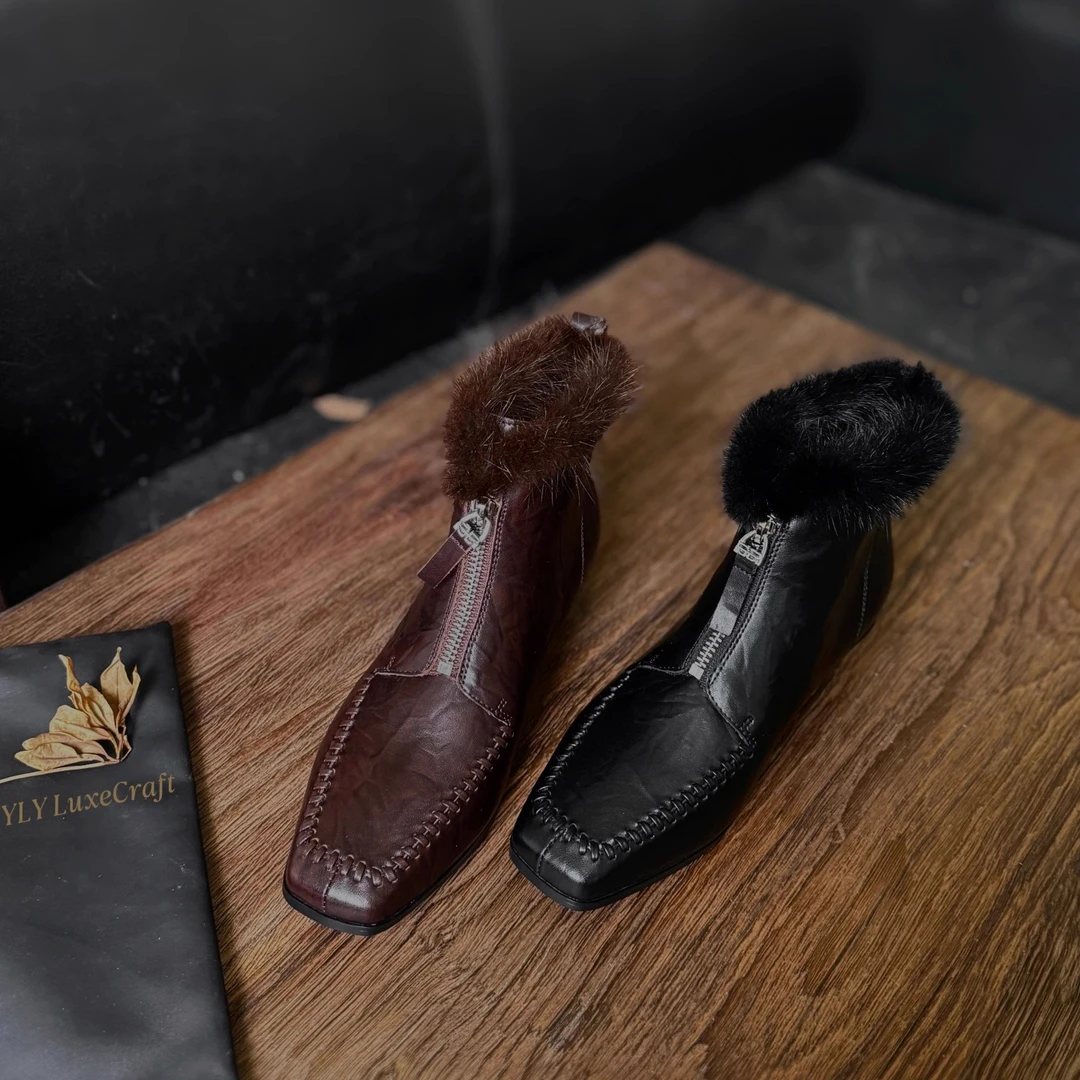 2026B-12加绒粗跟时装靴女复古保暖中跟短靴子大码2025冬季新款