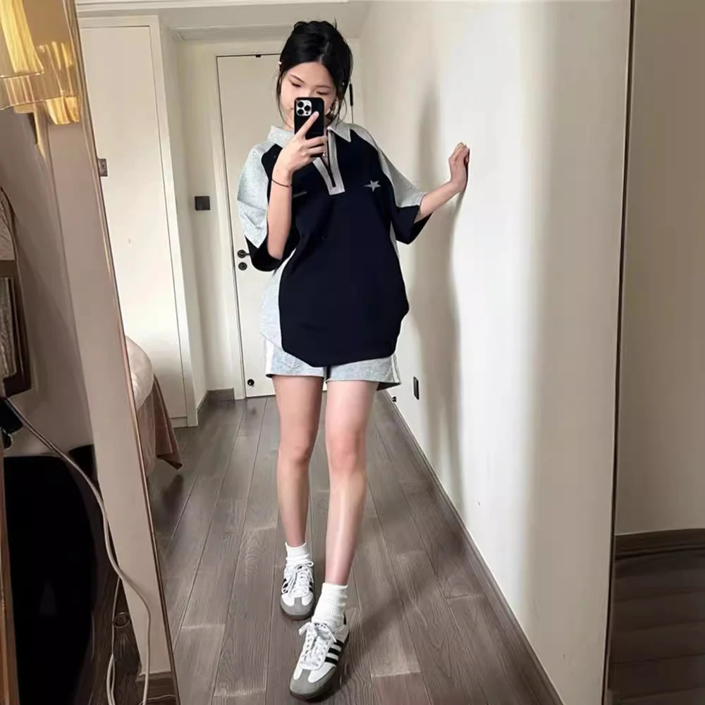 美式复古polo领短袖t恤女2024新款设计感小众oversize宽松上衣夏