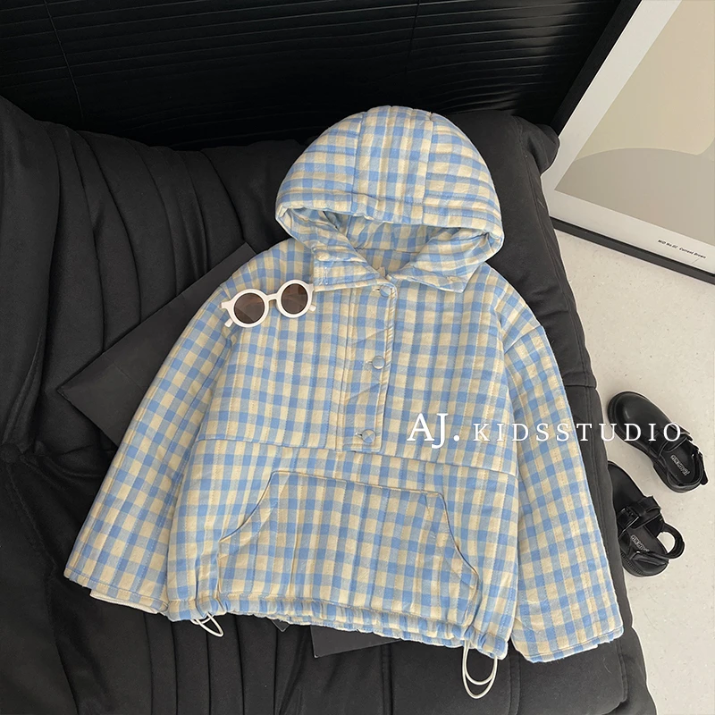 【现货】阿卷冬装韩版儿童时尚小清新格子套头连帽棉服MPG5239