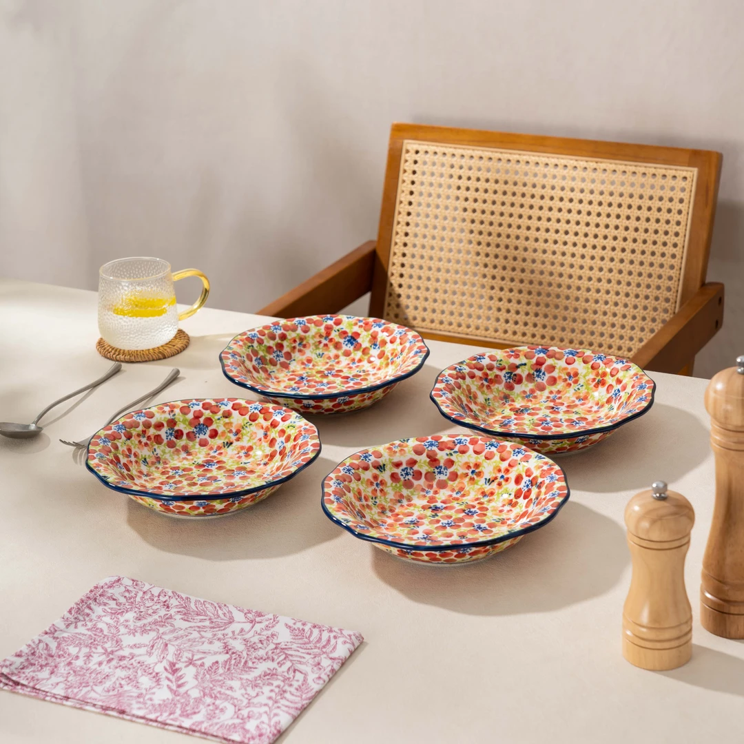 【泡芙专属】西里西亚手绘碧丝粉黛-8英寸草帽汤盘四个装