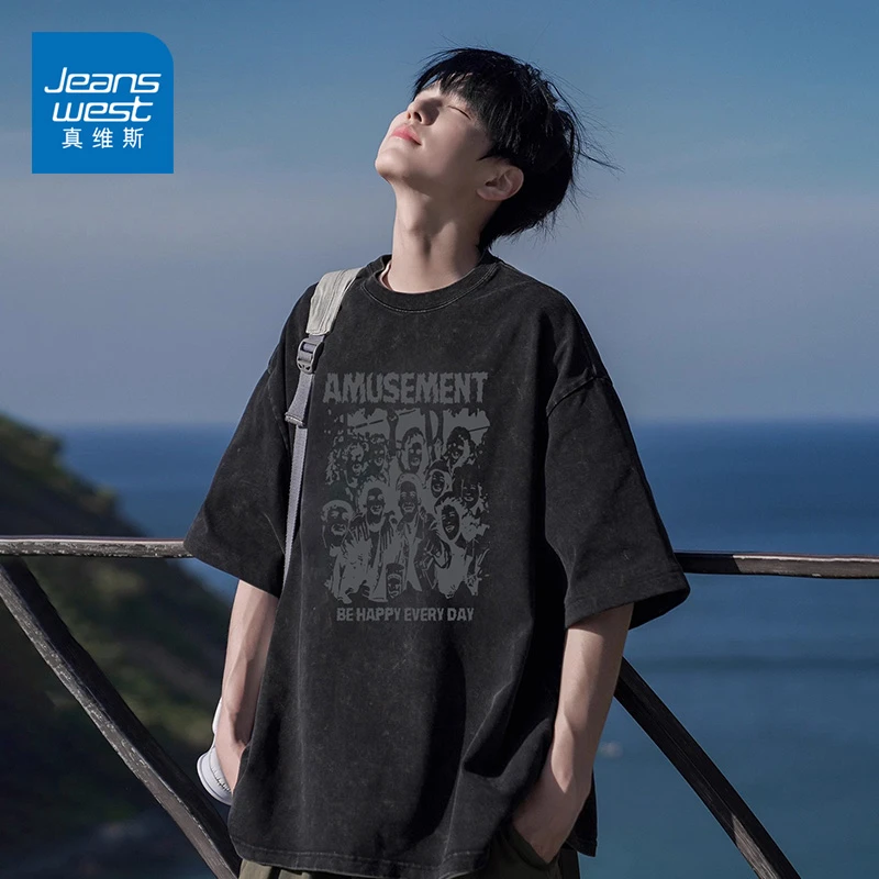 真维斯重磅水洗印花短袖T恤男夏季ins美式高街男生半袖青少年体恤