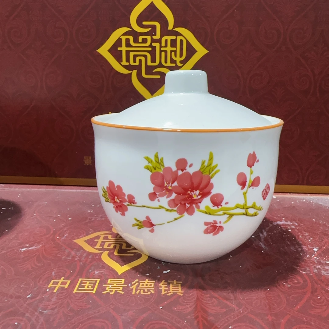 【袁氏瓷业】WJ-600ml桃花大号炖盅猪油罐