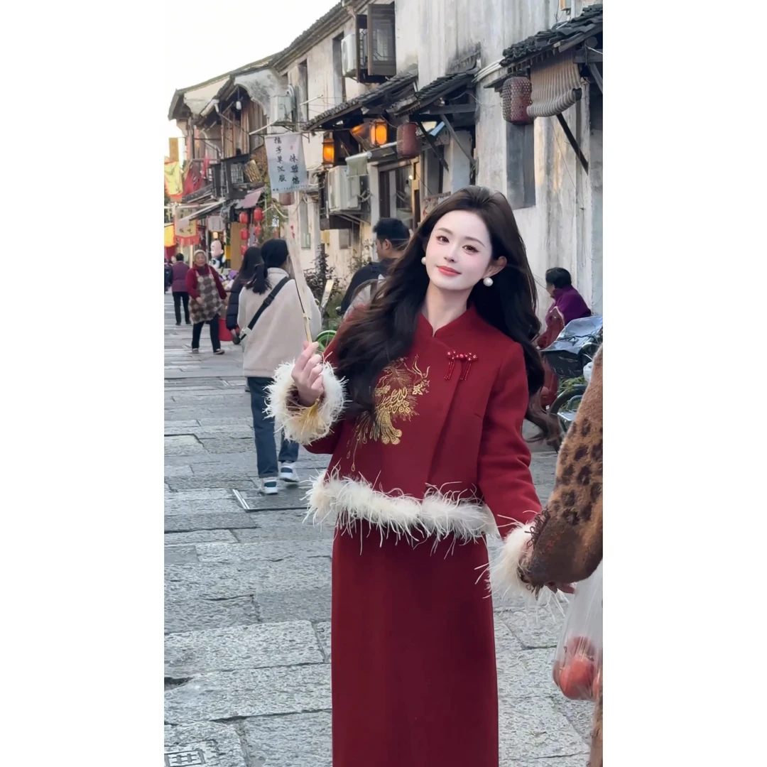 【凤求凰】77新中式斜襟凤凰刺绣棉服外套+半裙XMZH5245