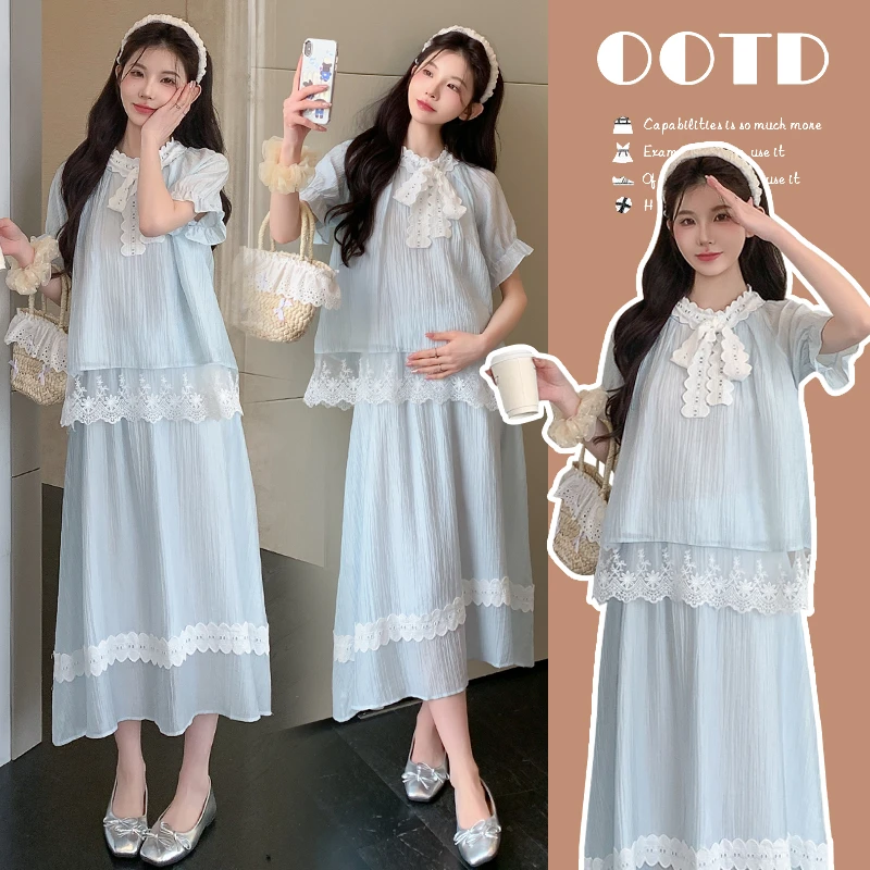 孕妇装夏季套装2025新款时尚甜美上衣调节半身裙宽松大码两件套