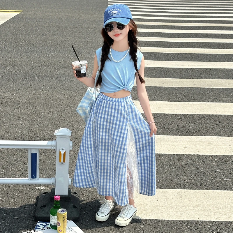 女童无袖上衣A字半身裙2025新款儿童蕾丝蓝色拼接不规则裙子套装