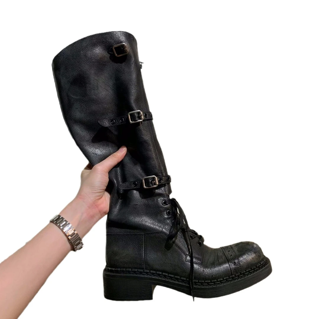 鞋子女ins潮牌百搭女鞋时尚黑色牛皮高筒真皮粗跟长靴时装靴成年