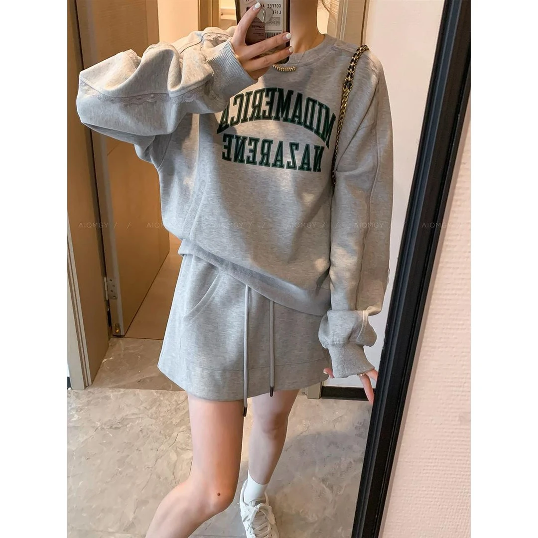 哥弟阿玛施正品灰色卫衣套装女2025秋季新款拼接蕾丝花边圆领上衣