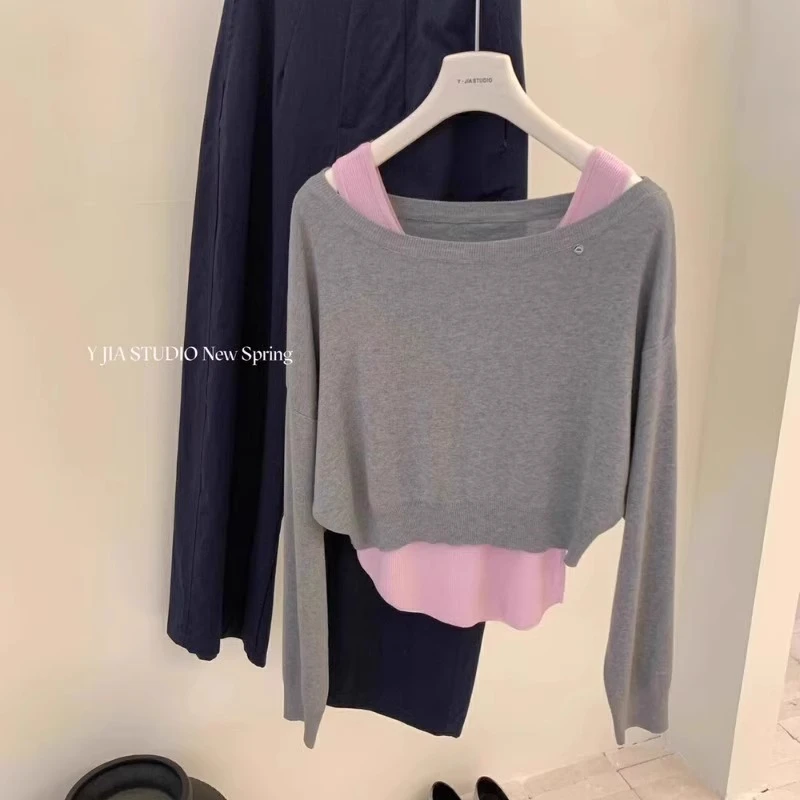 深圳南油女装高端广州十三行假两件长袖针织衫叠穿背心两件套上衣